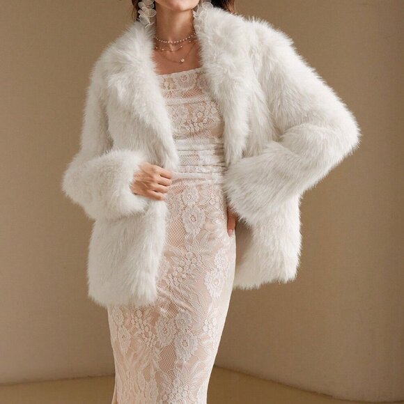 Beige Casual Women's Furry Lapel Long Sleeve Fluffy Loose Fit Coat - Picture 6 of 7